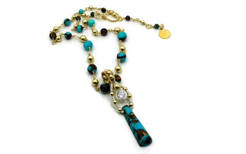Turquoise & Bronzite Bliss Ladder Pendant with Herkimer Diamonds in 14kt gold fill and sterling silver