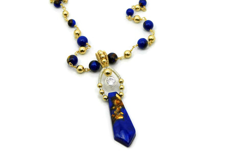 Lapis & Bronzite Bliss Pointed Pendant with Herkimer Diamonds in 14kt gold fill and sterling silver