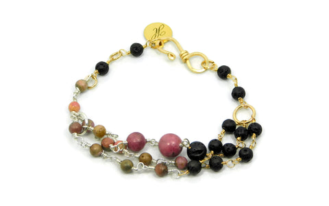 Rhodonite and Lava Stone Bracelet in sterling silver and 14kt gold fill