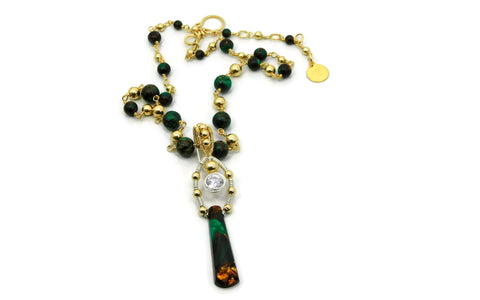 Malachite & Bronzite Bliss Ladder Pendant with Herkimer Diamonds in 14kt gold fill and sterling silver