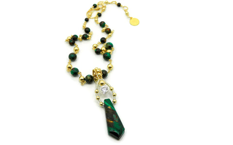Malachite & Bronzite Bliss Pointed Pendant with Herkimer Diamonds in 14kt gold fill and sterling silver