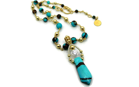 Turquoise & Bronzite Bliss Pointed Pendant with Herkimer Diamonds in 14kt gold fill and sterling silver