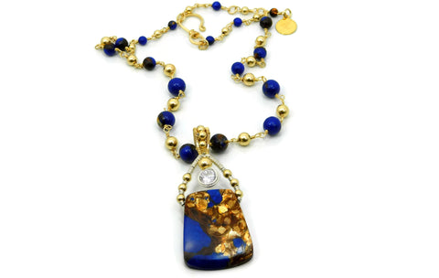 Lapis & Bronzite Bliss Trapezoid Pendant with Herkimer Diamonds in 14kt gold fill and sterling silver