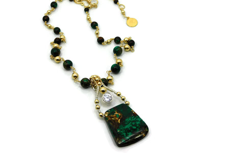 Malachite & Bronzite Bliss Trapezoid Pendant with Herkimer Diamonds in 14kt gold fill and sterling silver