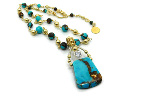 Turquoise & Bronzite Bliss Trapezoid Pendant with Herkimer Diamonds in 14kt gold fill and sterling silver