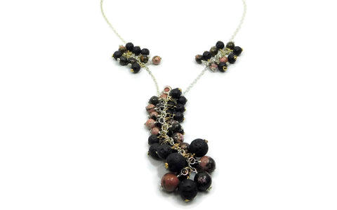Rhodonite and Lava Stone Necklace in sterling silver and 14kt gold fill