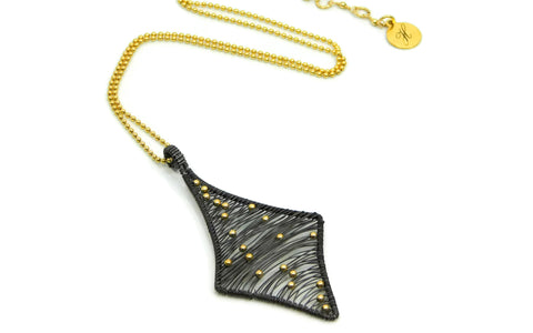 Hand wrapped cold fusion oxidized sterling silver, 14kt gold fill pendant
