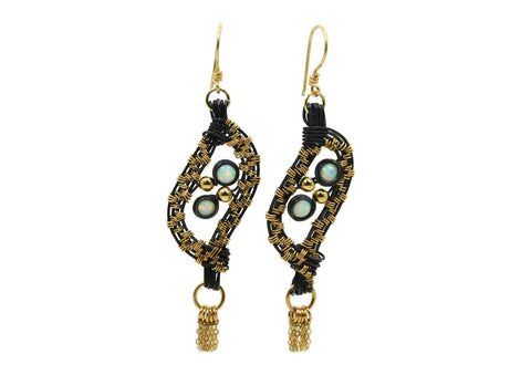 Hand wrapped cold fusion oxidized sterling silver, 14kt gold fill and opal earrings
