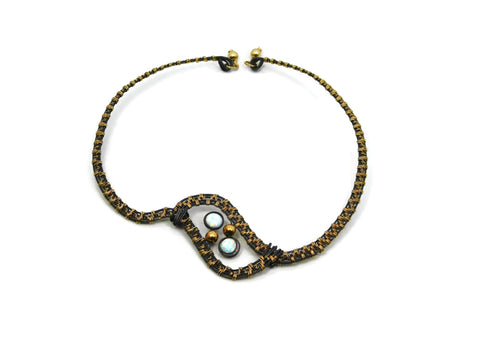 Hand wrapped cold fusion oxidized sterling silver, 14kt gold fill and opal open neck wire