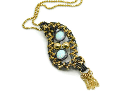 Hand wrapped cold fusion oxidized sterling silver, 14kt gold fill and opal pendant