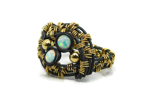 Hand wrapped cold fusion oxidized sterling silver, 14kt gold fill and opal ring
