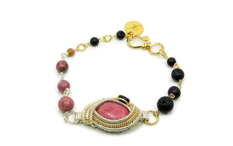Rhodonite, Black Onyx and Lava Stone Bracelet in sterling silver and 14kt gold fill