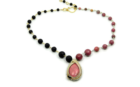Rhodonite, Black Onyx and Lava Stone Necklace in sterling silver and 14kt gold fill