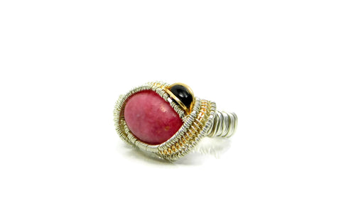 Rhodonite and Black Onyx Ring in sterling silver and 14kt gold fill