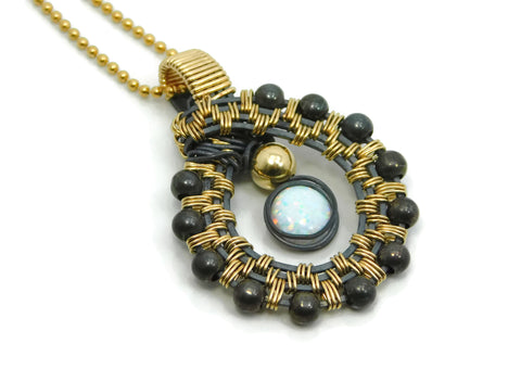 Hand wrapped cold fusion oxidized sterling silver, 14kt gold fill and opal pendant