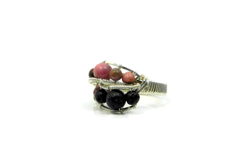 Rhodonite and Lava Stone Ring in sterling silver and 14kt gold fill